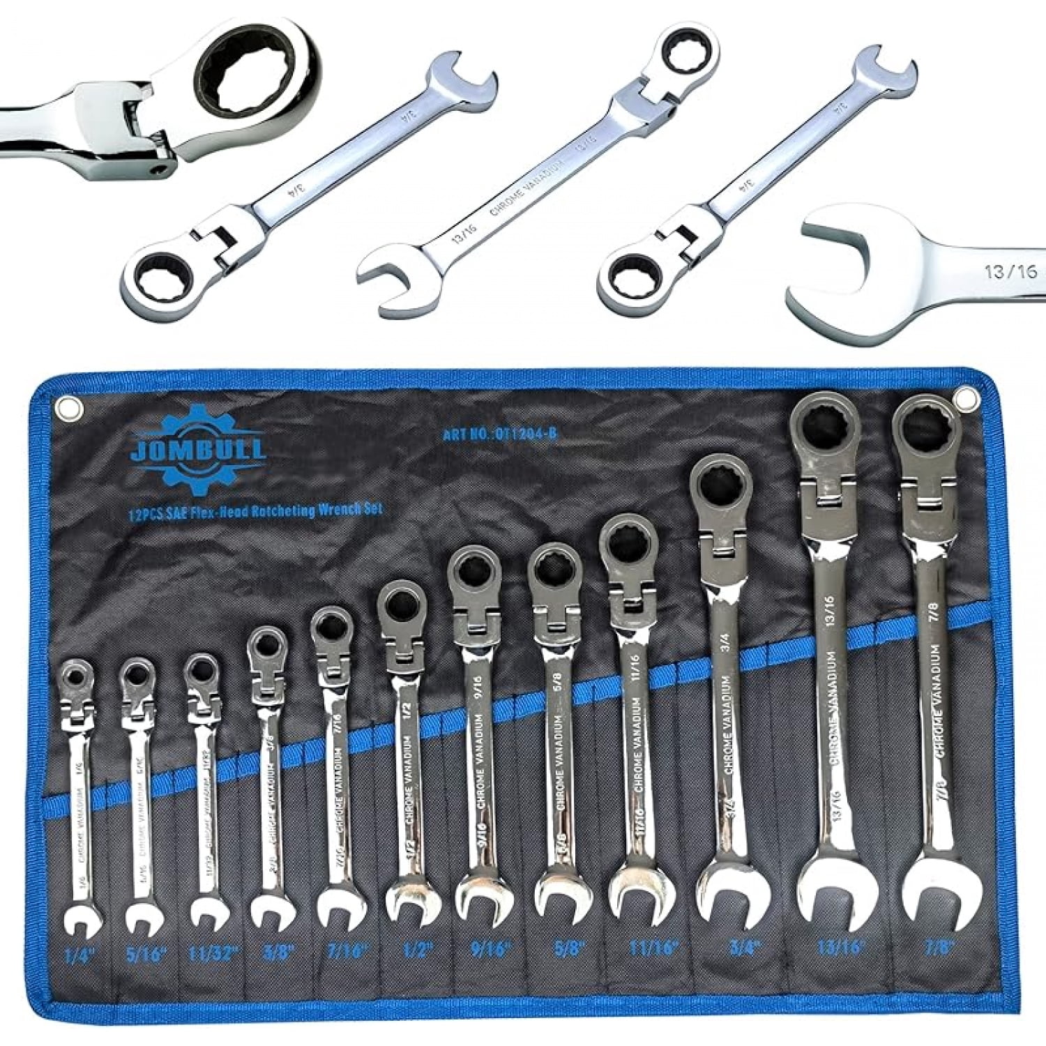 Flex-Head Ratcheting Wrench Set 12 pcs, Metric, 8-19mm, Cr-V Combination Wrench Sets, 72 Teeth Wrenches Set with Carrying Bag