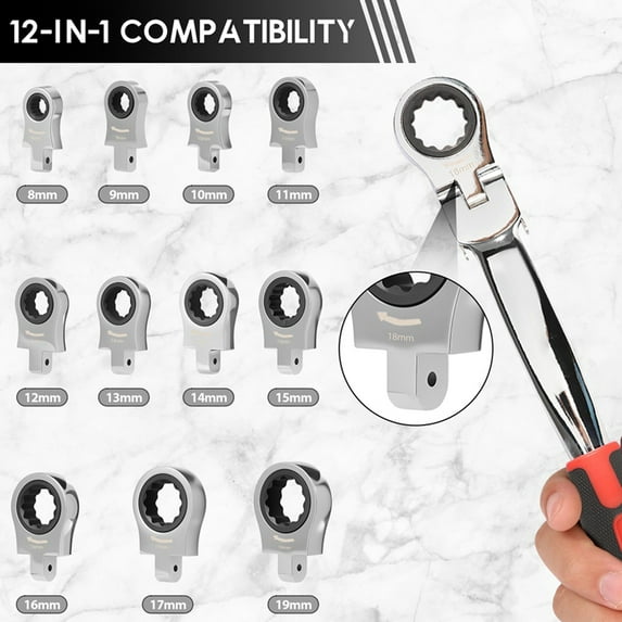 Flex Head Ratcheting Wrench Set, 8-19mm Metric Ratchet Wrench Tool with Interchangeable Heads & Storage