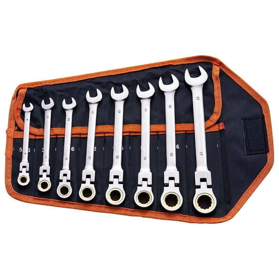 Flex-Head Ratcheting Wrench Set, 8-Piece Combination Wrenches 8-17mm Metric, Steel Flexible Wrench Set with Pouch, Auto Repair & Household Tools