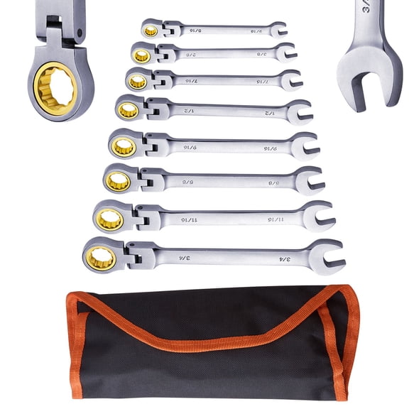 Flex-Head Ratcheting Wrench Set 8 Piece with Roll-up Pouch, CR-V Steel Flexible Wrenches SAE 5/16 to 3/4 for Garage Workshop Home