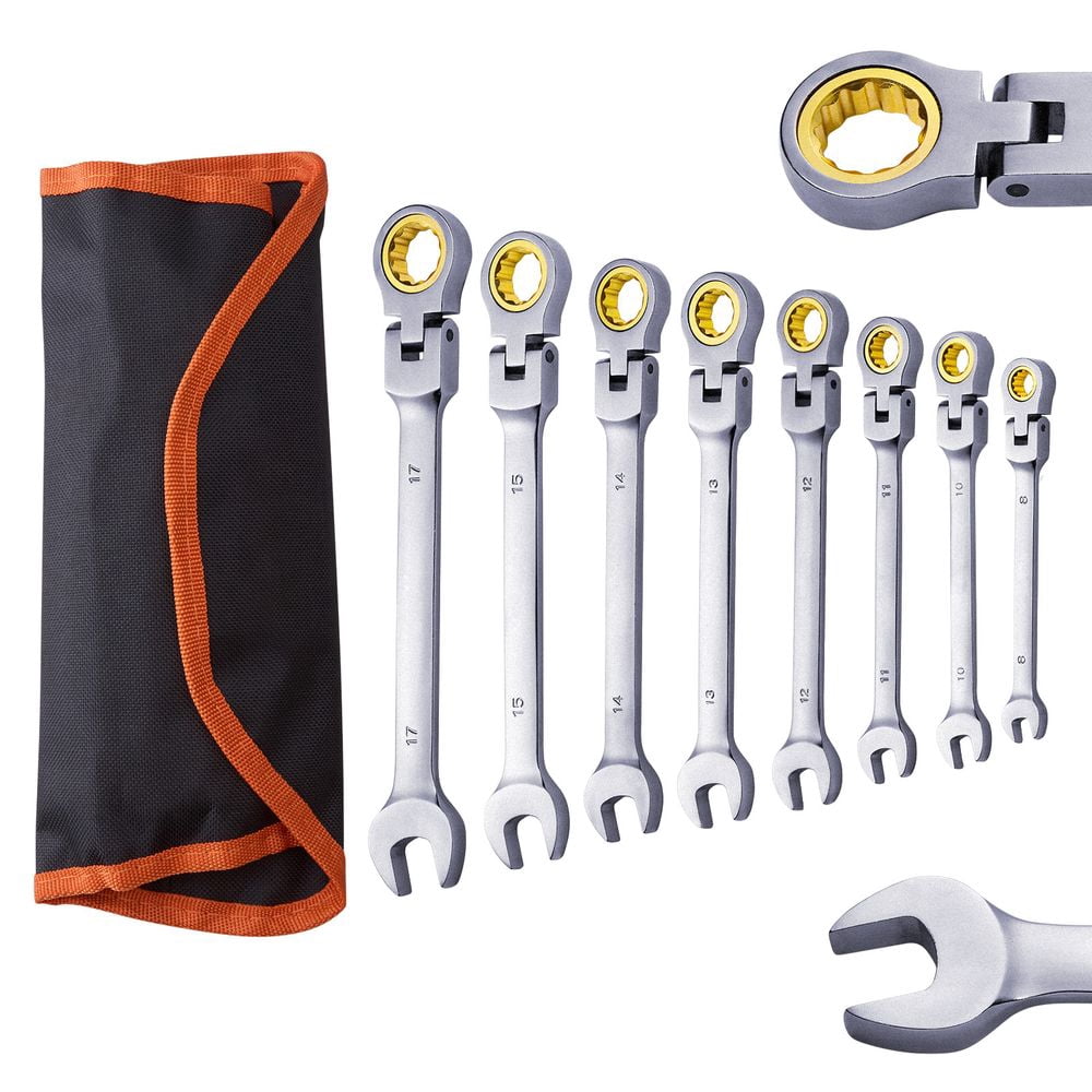 Flex-Head Ratcheting Wrench Set, 8-piece Combination Wrench Set with Roll-up Pouch, Cr-V Steel Flexible Ratcheting Wrench Set Metric 8 mm to 17 mm, Ideal for General Household, Auto Repairs