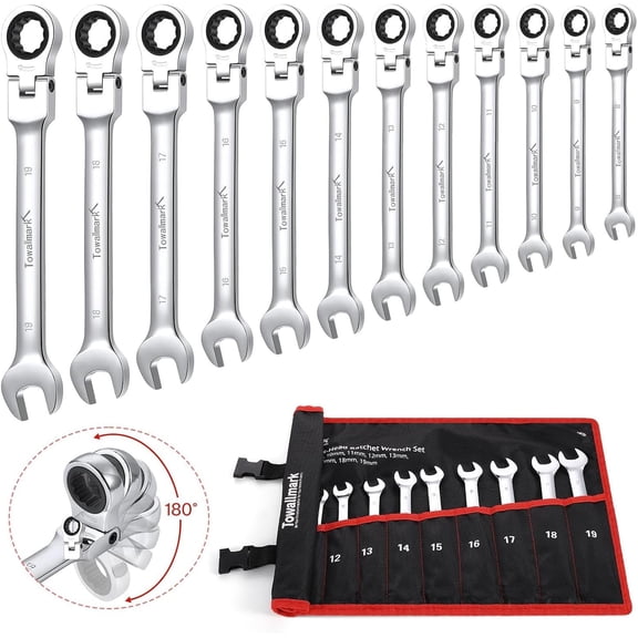 Flex-Head Ratcheting Wrench Set, Combination Wrench Set, 72 Tooth, Metric, 12-piece, Size Covers 8-19mm, CR-V Steel, with Rolling Pouch