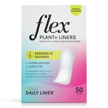 Flex Plant+ Liners, Quick to Absorb, Ultra Thin, Unscented, Panty Liners, 50 Count, Hypoallergenic