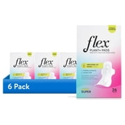 (6 pack) Flex Plant+ Pads with Wings, Super, Heavy Absorbency, Ultra Thin, Unscented, 26 Count, Hypoallergenic