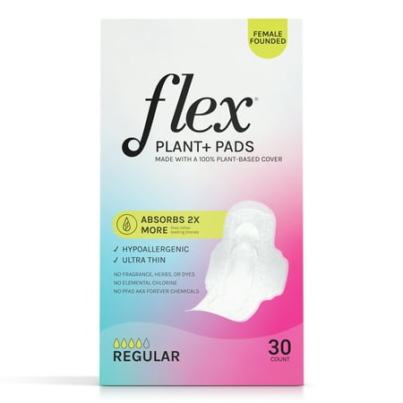 Flex Plant+ Pads with Wings, Regular, Heavy Absorbency, Ultra Thin, Unscented, 30 Count, Hypoallergenic