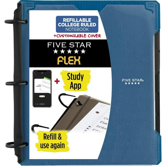 Flex Refillable Notebook + Study App, 1 Inch Binder with Customizable Cover, College Ruled Notebook and 3 Ring Binder, Hybrid NoteBinder, 200 Sheet Capacity, Color Will Vary (29326)