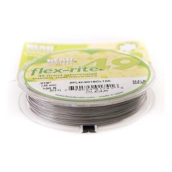 Flex-Rite Beading Wire - .018" Stainless Steel Craft Wire, 49 Strand, 100ft Clear Nylon Coated for Jewelry Making, Beading, Bracelet Stringing