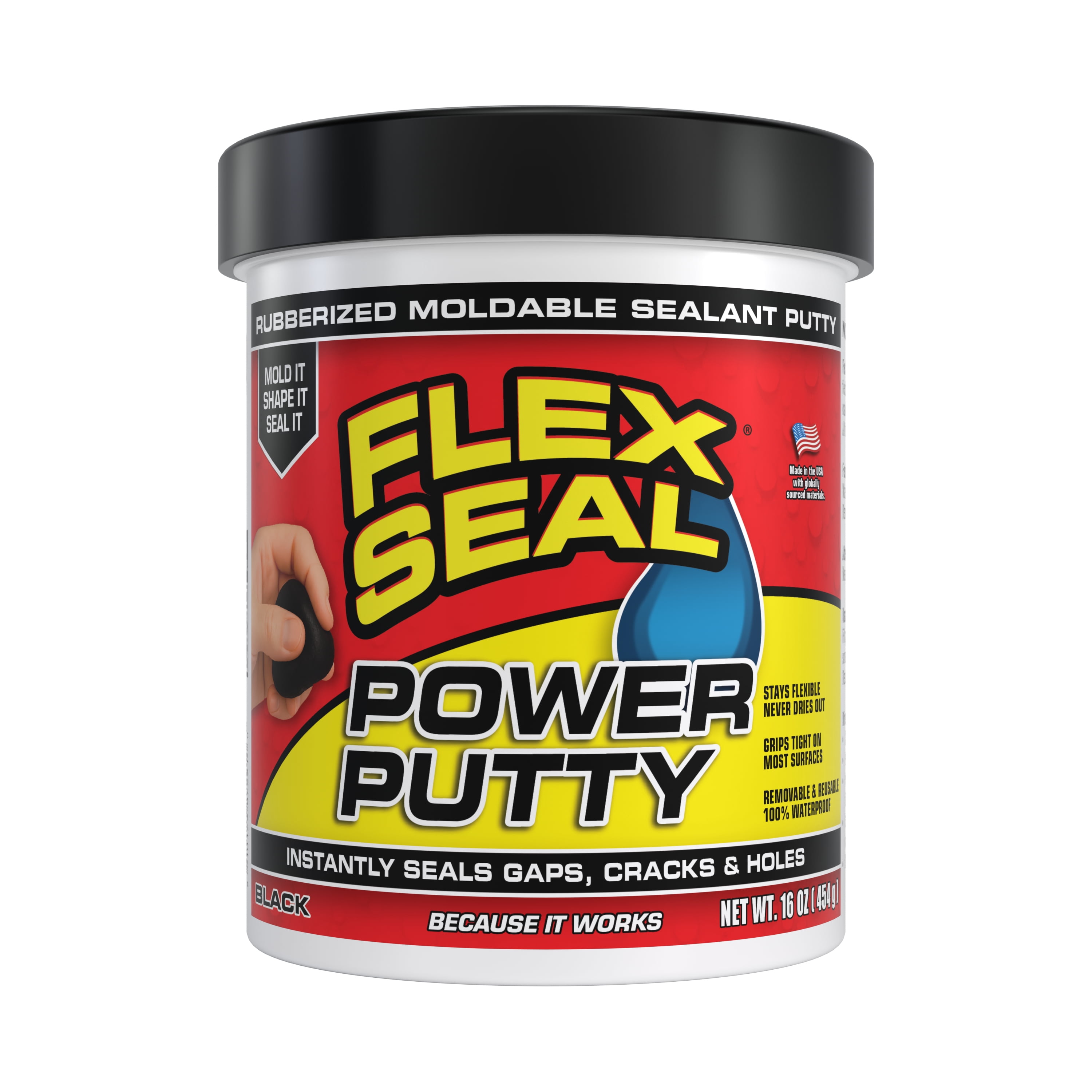 Flex Seal Power Putty Moldable Waterproof Rubber Sealant, Fills Cracks & Holes, Black, 16 oz