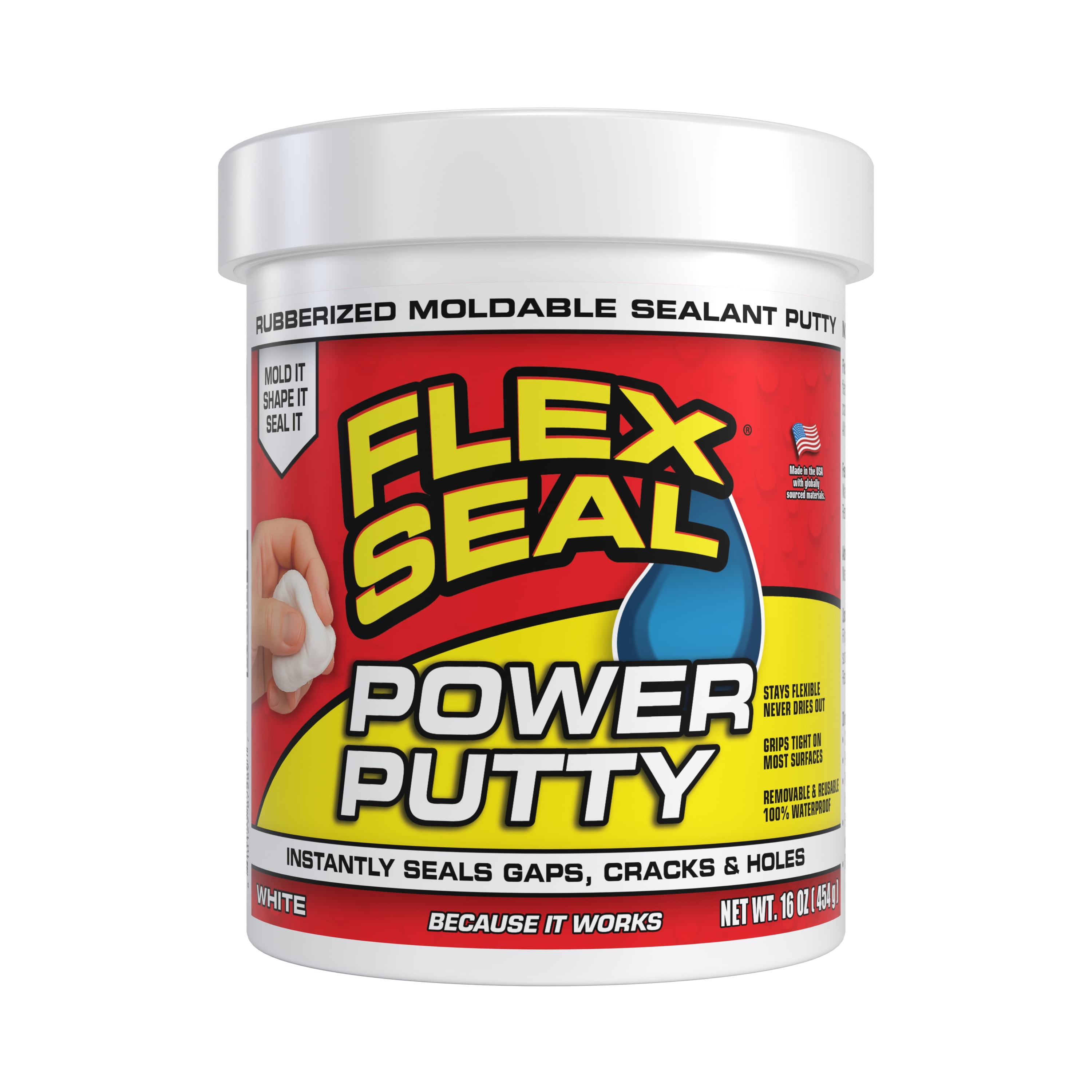 Flex Seal Power Putty Waterproof Rubber Sealant, Moldable, Fills Cracks & Holes, Works Underwater, White, 16 oz