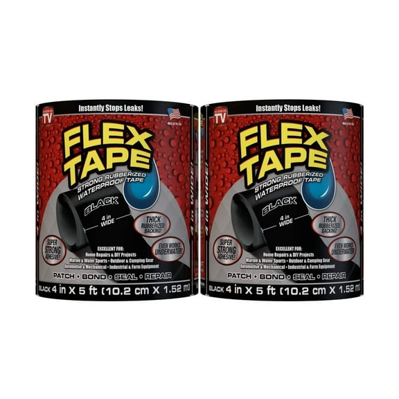 Flex Tape Strong Rubberized Waterproof Tape, 4 inches x 5 Feet, Black, 2-pack