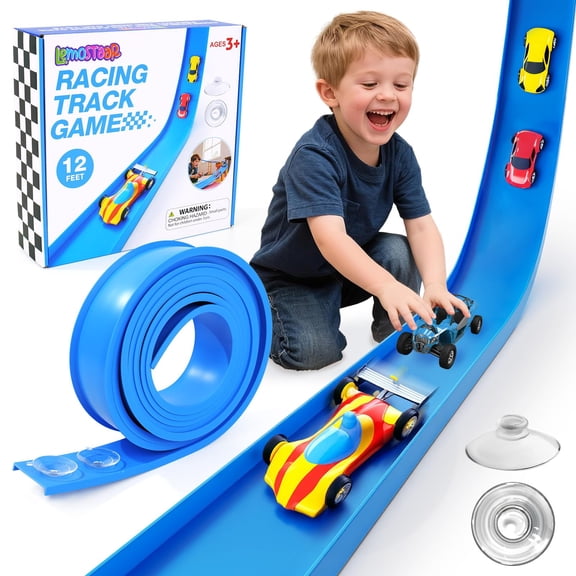 Flex Track 12 Ft Starter Set: Portable Rolls Up Race Tracks for Kids 3+ - DIY Race Car Ramp Track with Suction Cups - Flexible Race Track Compatible with Diecast 1/64th Cars - Birthday Gift for Boys