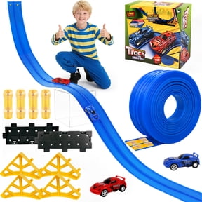 KiddiTouch 15 Ft Flexible Race Car Track for Kids, Hot Racing Wheels Track Set with Suction Cups, Compatible with Diecast 1/64th Cars, Rolls Up Portable DIY Racetrack