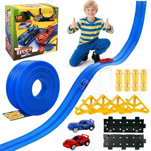 KiddiTouch 15 Ft Flexible Race Car Track for Kids, Hot Racing Wheels Track Set with Suction Cups, Compatible with Diecast 1/64th Cars, Rolls up Portable DIY Racetrack
