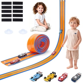 Flexible Race Track for Kids, Portable Car Race Track Starter Set with 4 Small Racecars and 2 Suction Cups Compatible with Diecast 1/64th Cars, 15ft Rolls Up Flex Track for Ages 3 & Up