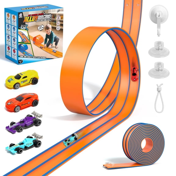 Flex Tracks 15 Ft Flexible Race Car Track for Kids with 2 Suction Cups, Race Car Ramp Track Compatible with Diecast 1/64th Cars, Birthday Gifts for Boys Girls Ages 3+