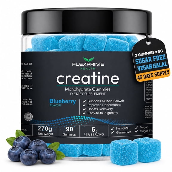 FlexPrime Creatine Monohydrate Gummies Sugar Free - 5g Creatine + Alpha GPC, L-Taurine, Betaine | Vegan Halal Blueberry Chews for Muscle Growth, Brain Health | Men & Women, 90 Count