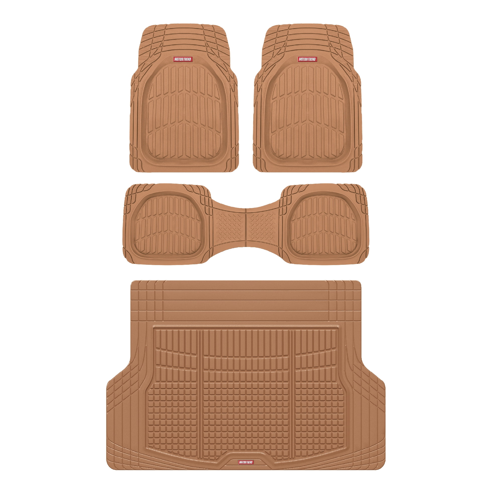 FlexTough Contour Liners Deep Dish 3 pc Rubber Floor Mats with Traction Grips Car Accessories (Beige)