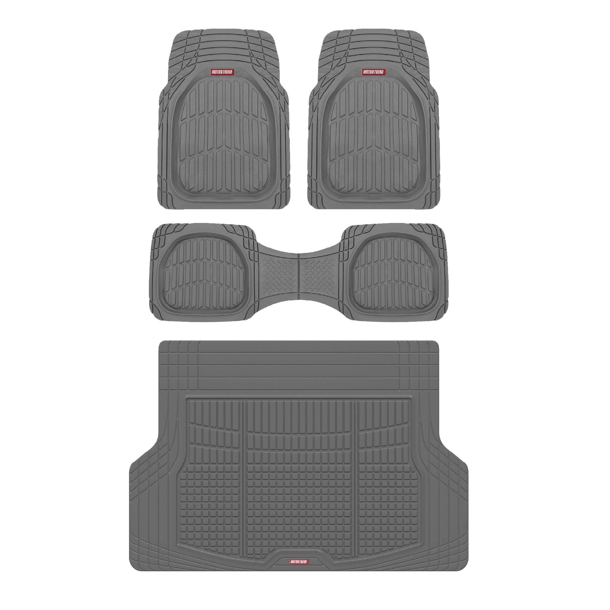 Motor Trend FlexTough Contour Liners Deep Dish 3 pc Rubber Floor Mats & Trimmable Trunk Liner Cargo Mat - Heavy Duty All Weather Protection Car Mats with Traction Grips Car Accessories (Gray)
