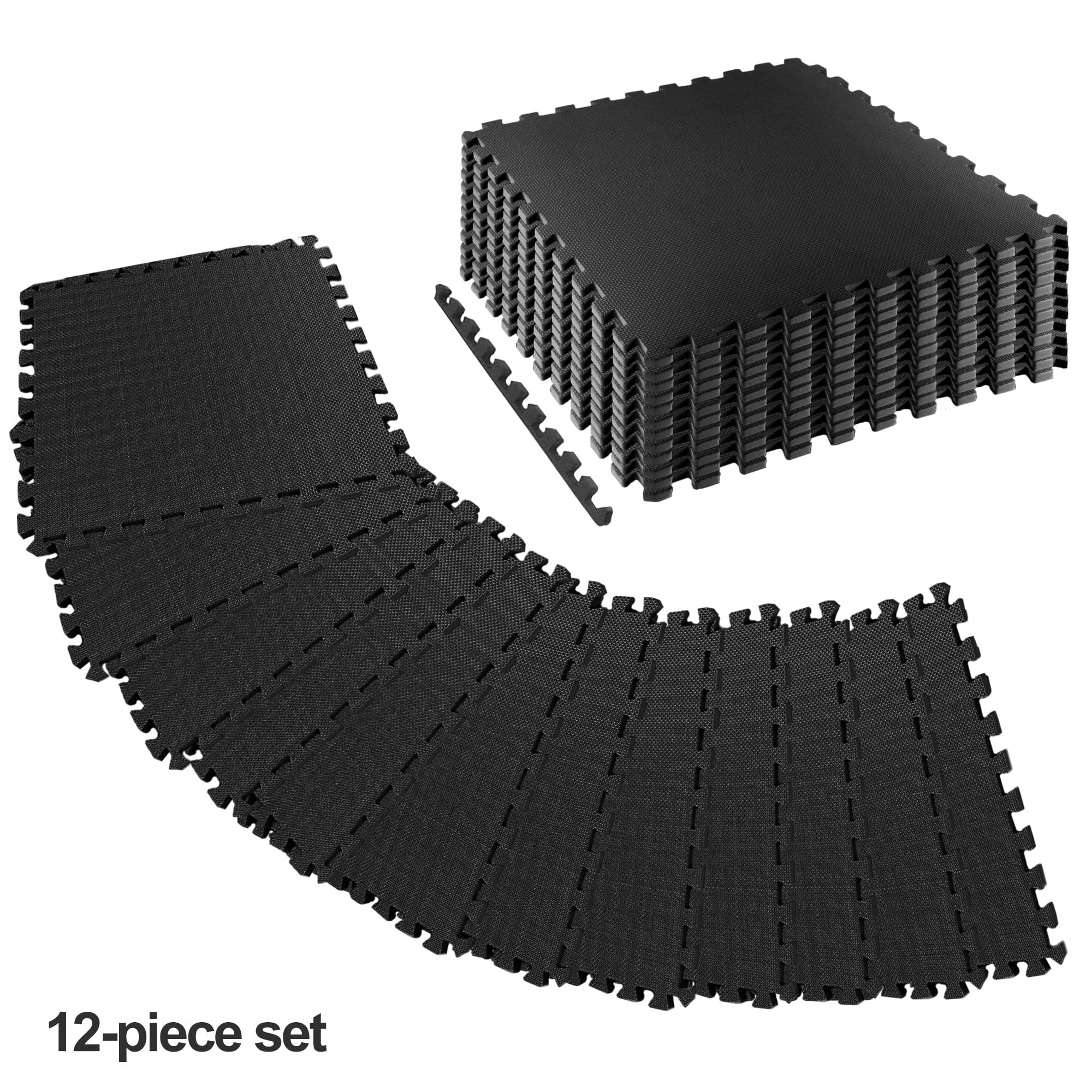FlexWave 12-pack 1/2-inch Thick High-Density EVA Splicing Mat, 48 Square Feet, Tool-Free, Quick Assembly, Shock-Absorbing, Non-Slip and Waterproof, Suitable For Yoga , Black