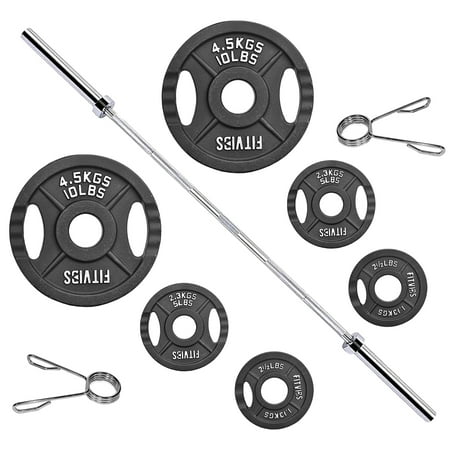 FlexWave 2-Inch Cast Iron Weight Plate Set with 7FT Olympic Barbell and A pair of Clips, 35LB Weight Plate Set Options, for Home Gym Strength Training & Weightlifting