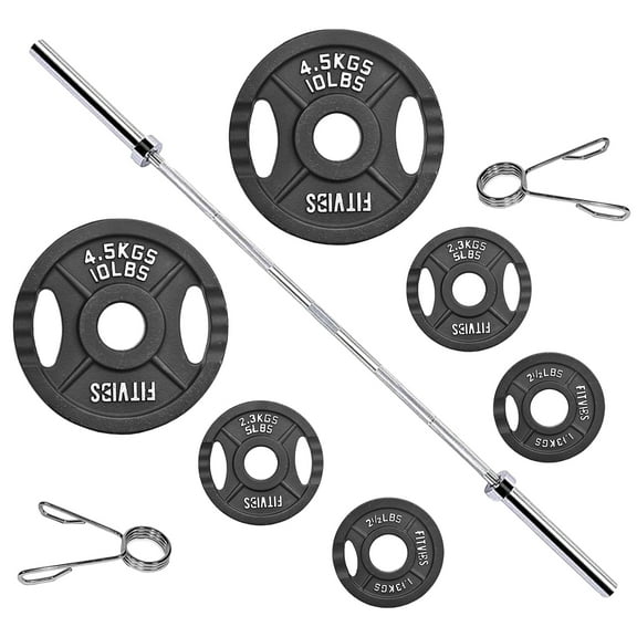 FlexWave 2-Inch Cast Iron Weight Plate Set with 7FT Olympic Barbell and A pair of Clips, 35LB Weight Plate Set Options, for Home Gym Strength Training & Weightlifting