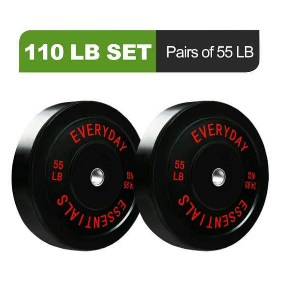 FlexWave 55LB Olympic Bumper Plates Pair, 2-Inch Black Rubber Weight Plates with Steel Hub, for Strength Training & Home Gym