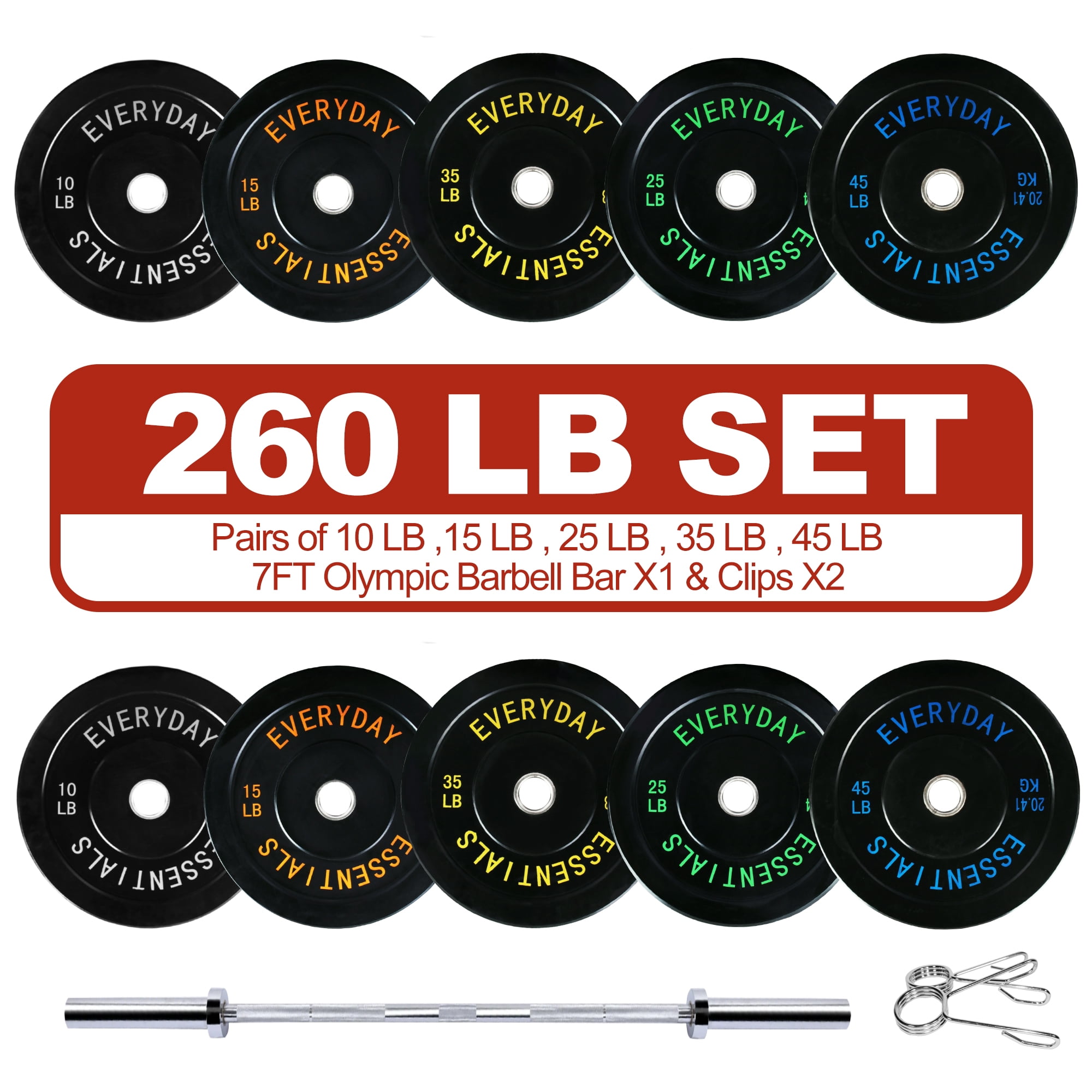 FlexWave Bumper Plates Set with 7FT Olympic Barbell, 260 lb Plates, 2-Inch, Black