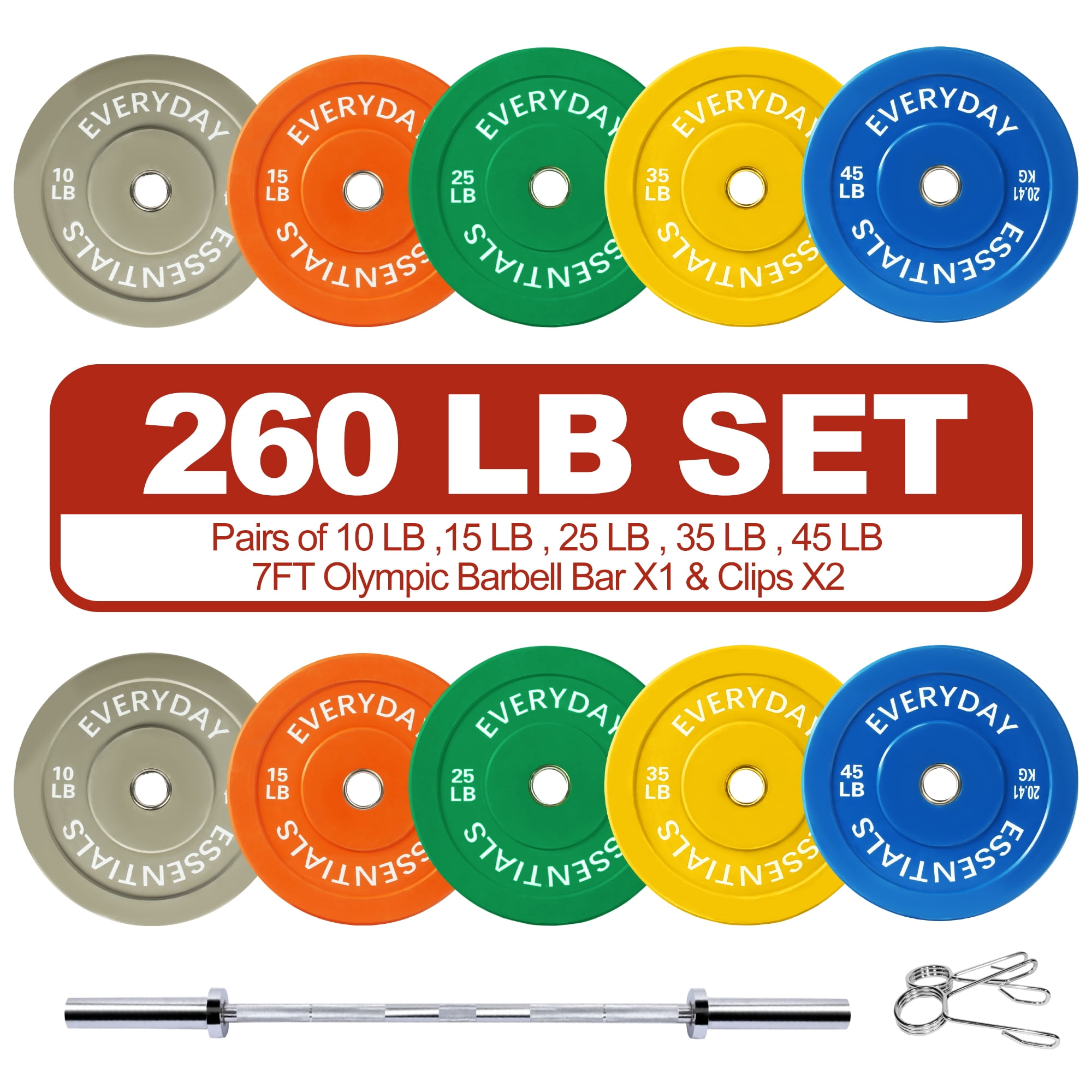 FlexWave Bumper Plates Set with 7FT Olympic Barbell, 260 lb Plates, 2-Inch, Color