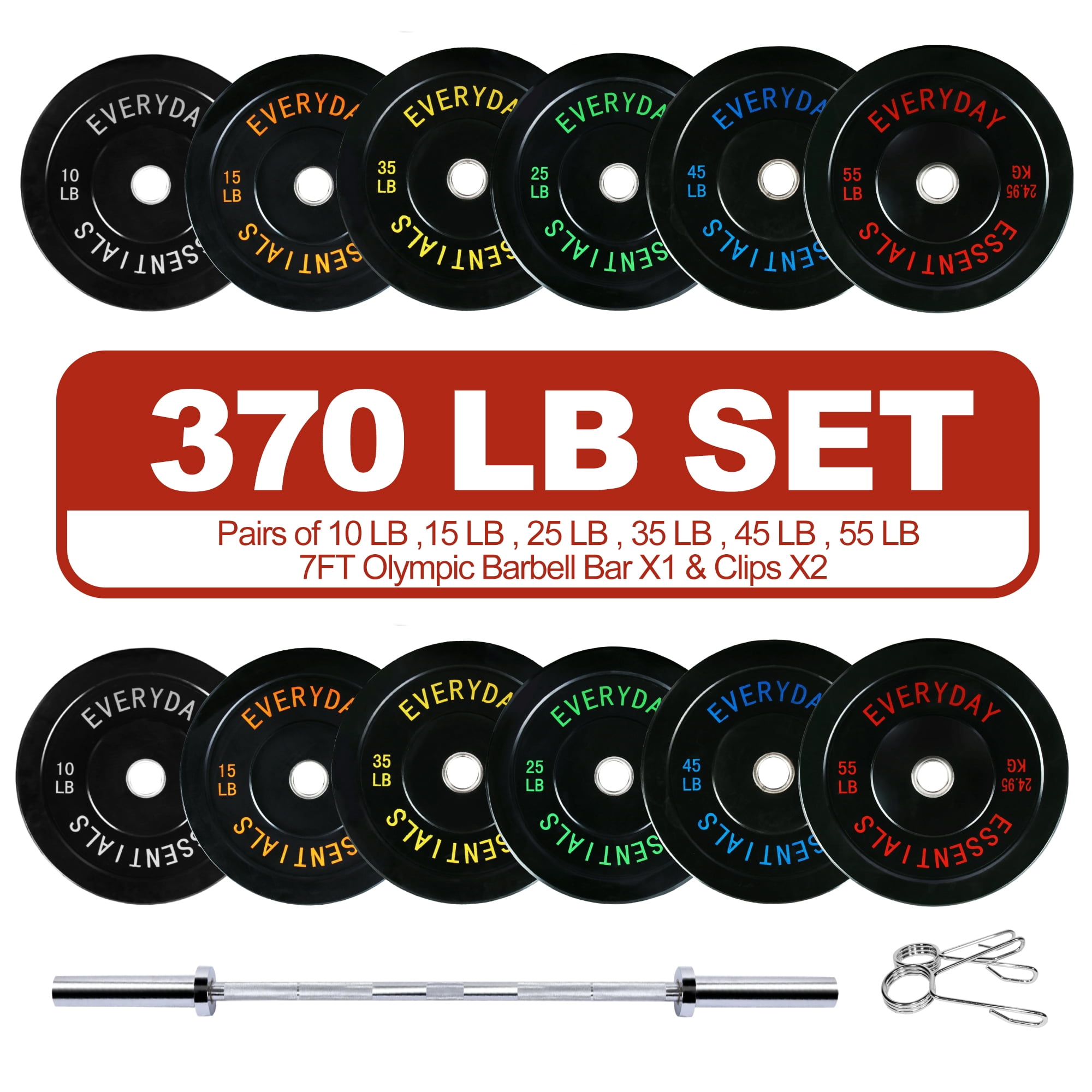 FlexWave Bumper Plates Set with 7FT Olympic Barbell, 370 lb Plates, 2-Inch, Black