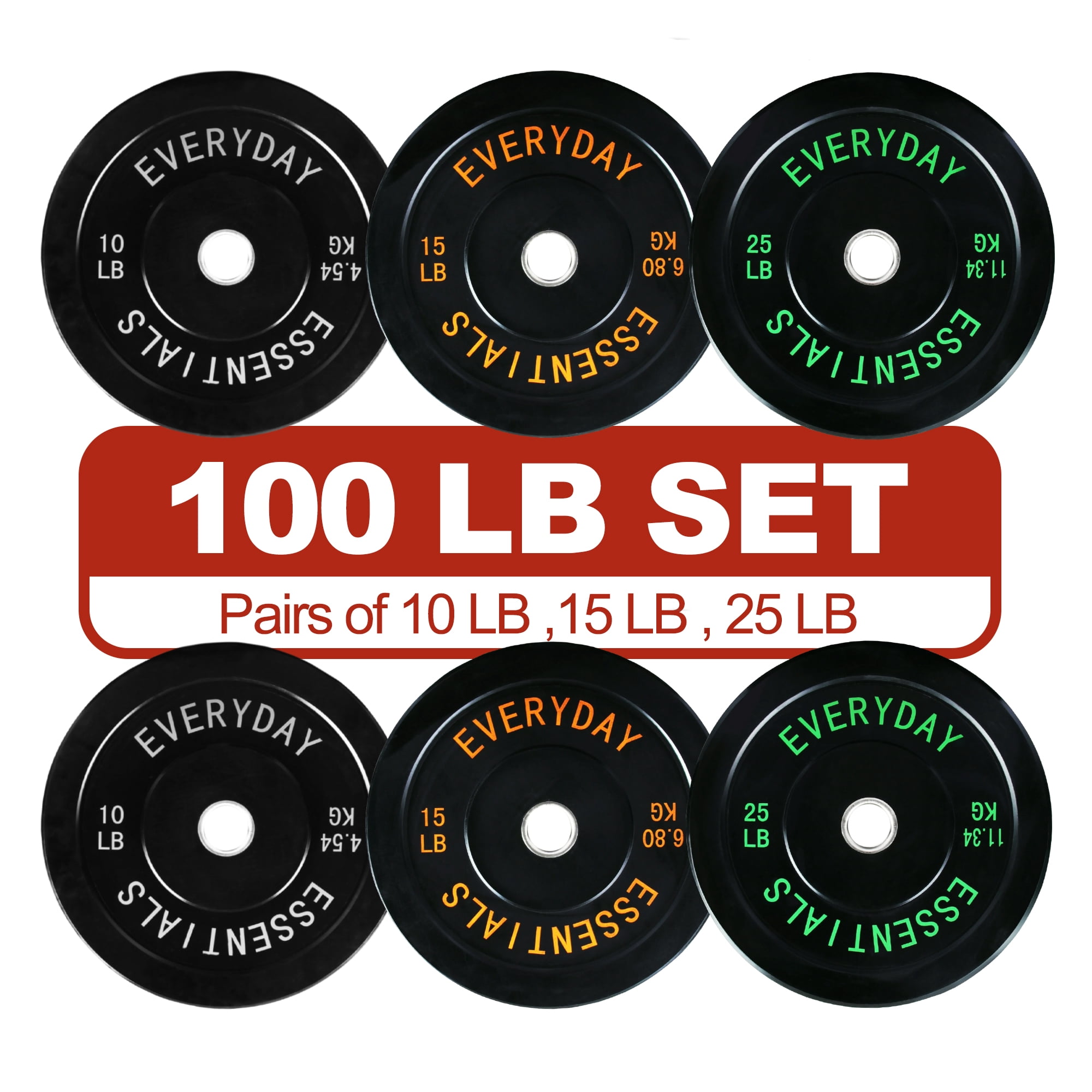 FlexWave Bumper Weight Plates Set, 100 lb Total, Black, Olympic 2-Inch Hole