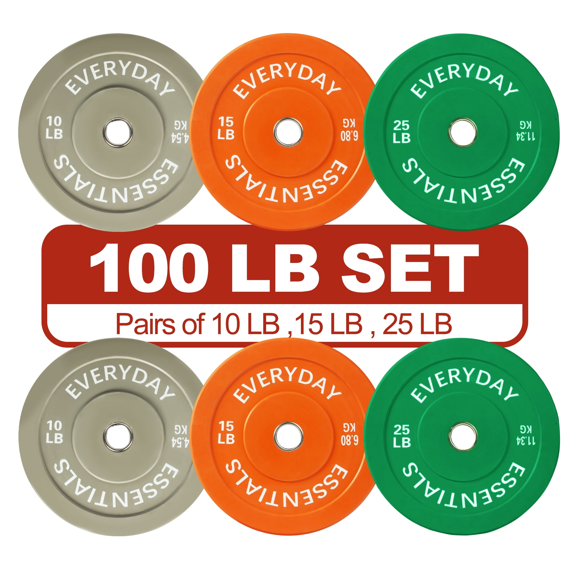 FlexWave Bumper Weight Plates Set, 100 lb Total, Colored, Olympic 2-Inch Hole
