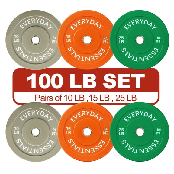FlexWave Bumper Weight Plates Set, 100 lb Total, Colored, Olympic 2-Inch Hole