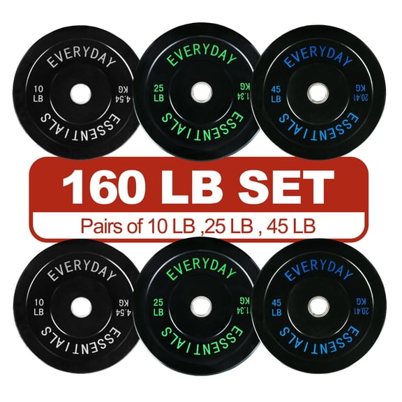 FlexWave Bumper Weight Plates Set, 160 lb Total, Black, Olympic 2-Inch Hole