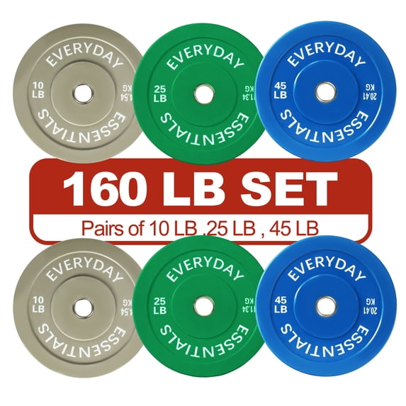FlexWave Bumper Weight Plates Set, 160 lb Total, Colored, Olympic 2-Inch Hole