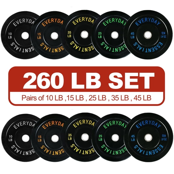 FlexWave Bumper Weight Plates Set, 260 lb Total, Black, Olympic 2-Inch Hole