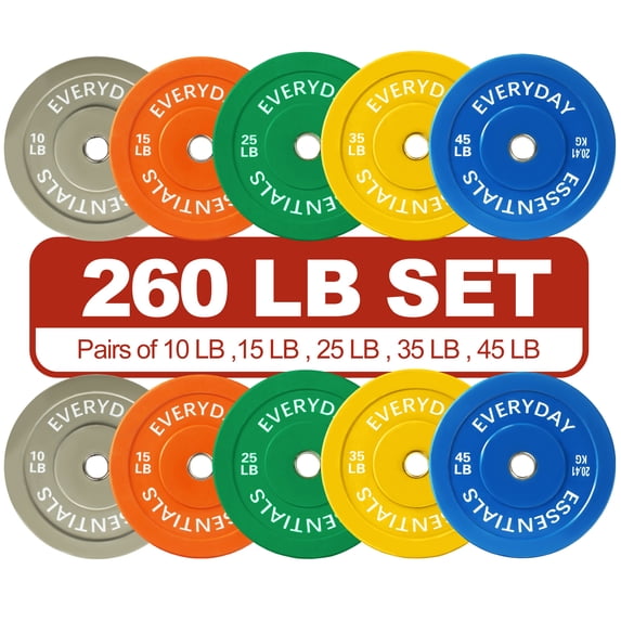 FlexWave Bumper Weight Plates Set, 260 lb Total, Colored, Olympic 2-Inch Hole
