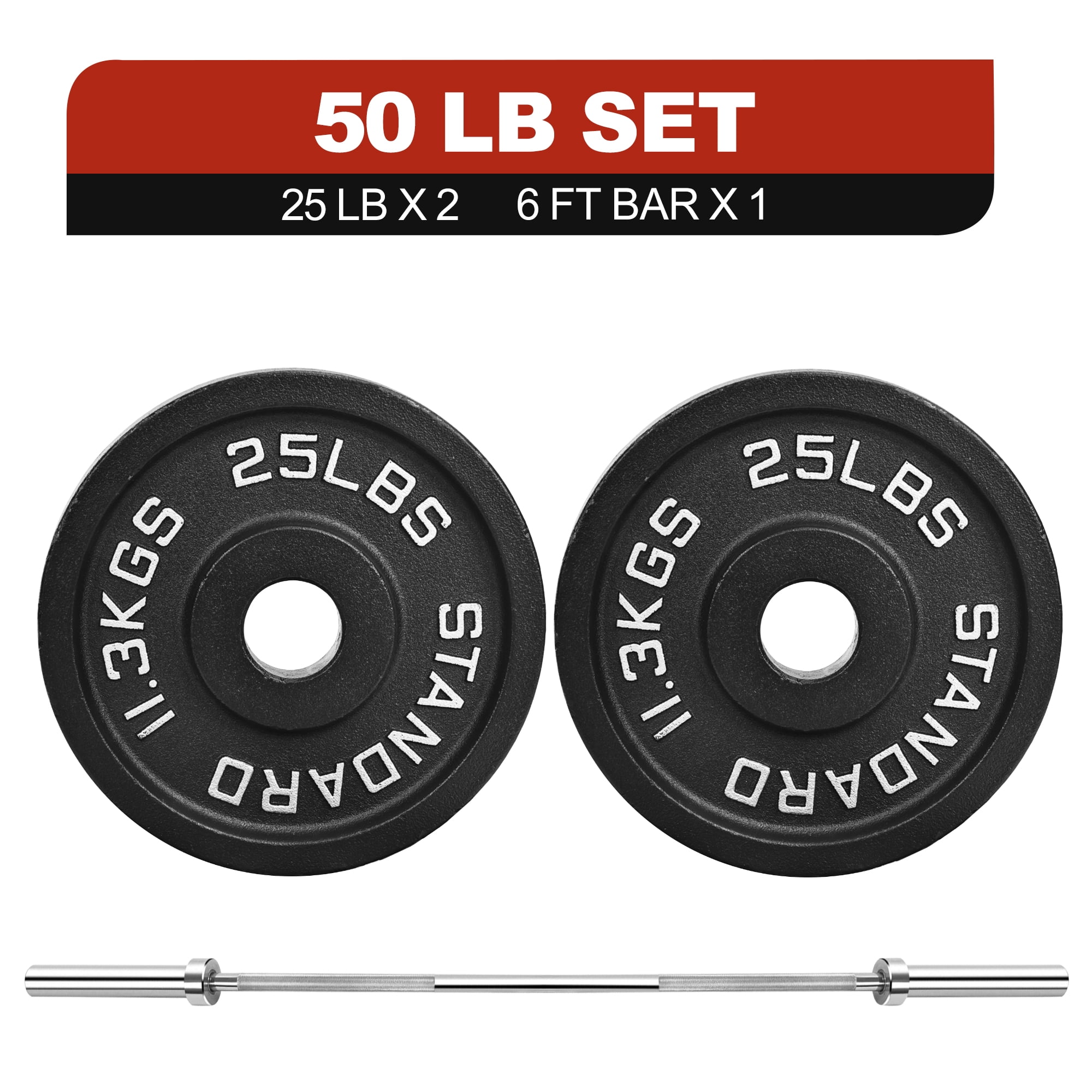 FlexWave Cast Iron Barbell Plates, 2-Inch Hole, Black with Silver Numbers, 50LB Set, for Standard Barbells, Dumbbells & Home Gym Strength Training