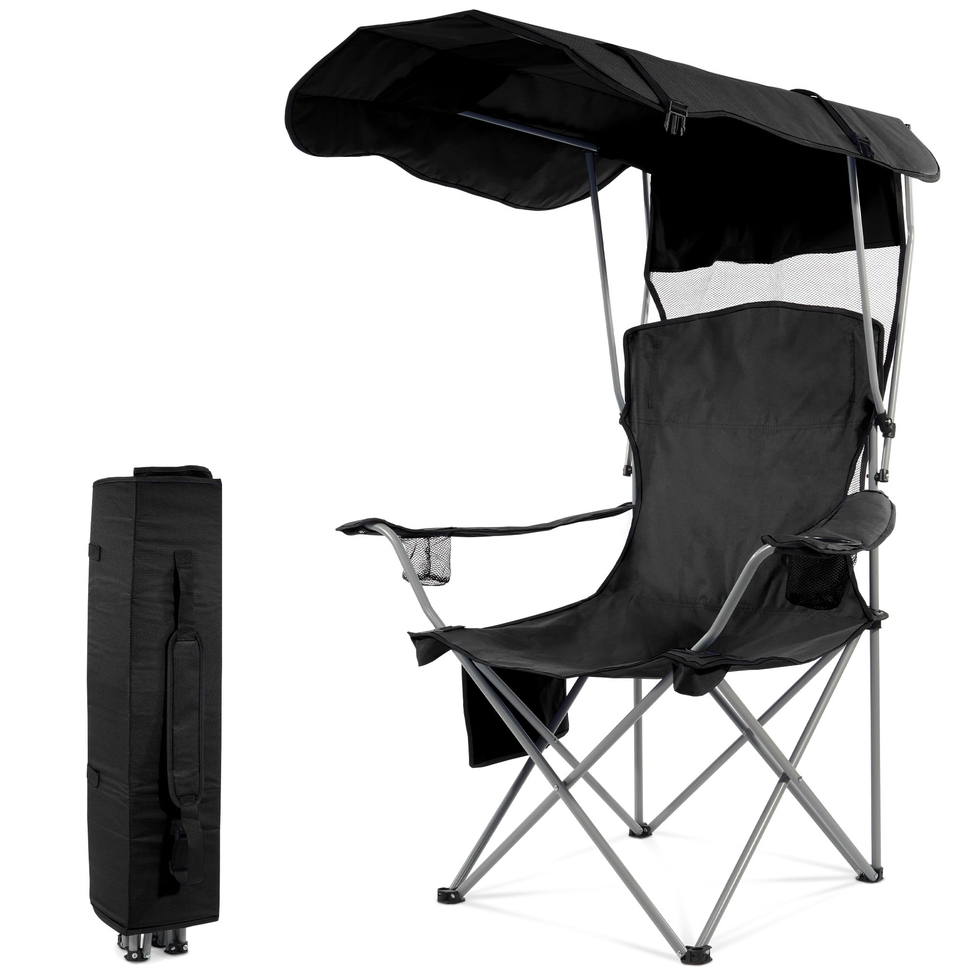FlexWave Folding Camp Chair，Portable Outdoor Chair，with Shade & Cup Holder，for Camping, Beach, Fishing, and Sports Events
