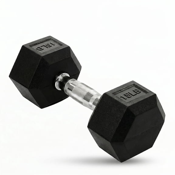 FlexWave 15 LB Hex Rubber Dumbbells(Single) , Black-Solid Cast Iron with Non-Slip Grip for Strength Training and Home Gym