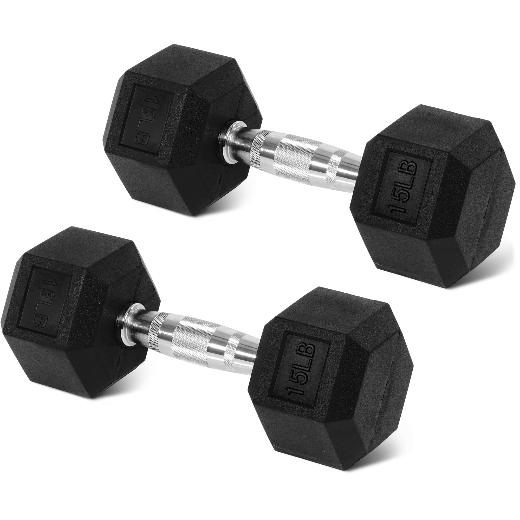 FlexWave 15 LB Hex Rubber Dumbbells Set of 2, Black-Solid Cast Iron with Non-Slip Grip for Strength Training and Home Gym