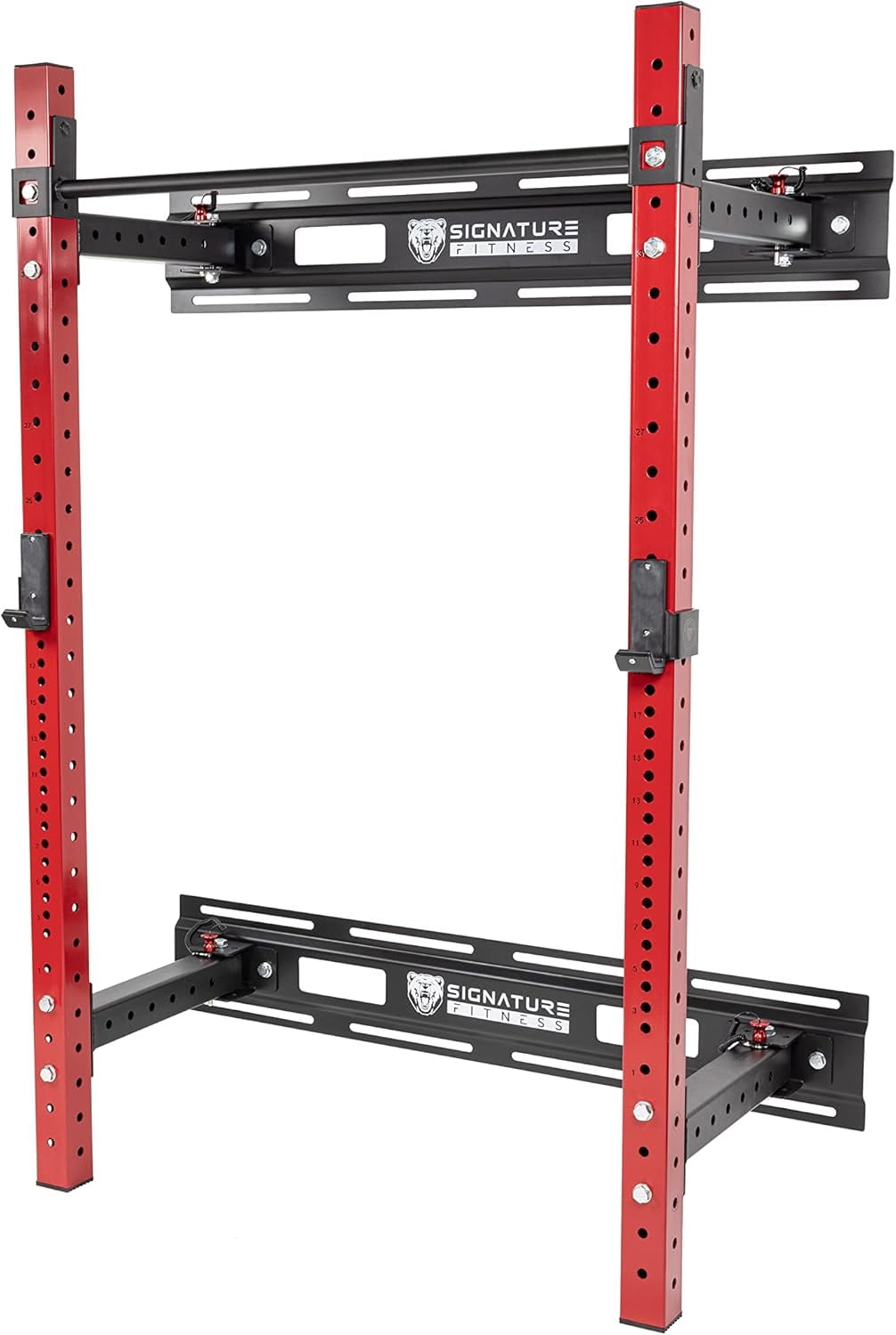 FlexWave Pro Wall-Mount Squat Rack, Red & Black, 3x3 Steel, Two-Post Design for Home & Garage Gym Training