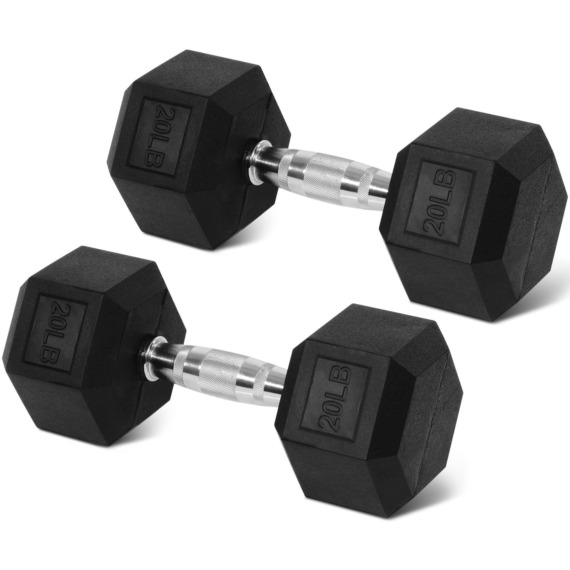 FlexWave Rubber Encased Hex Dumbbells, 20 lbs Pair, Black