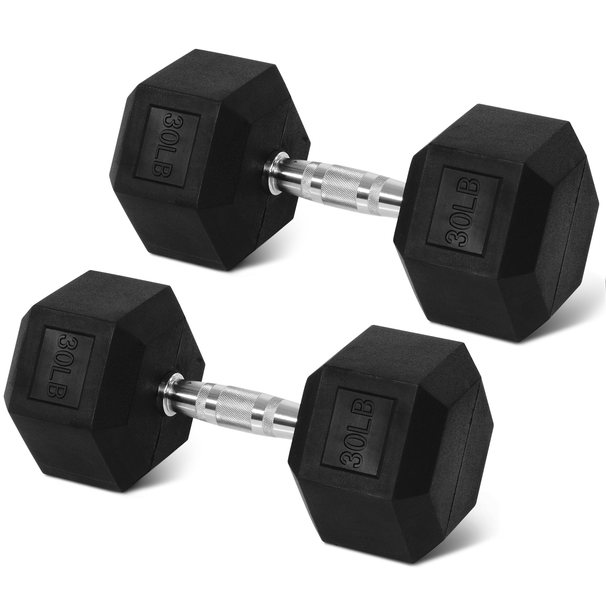 FlexWave Rubber Encased Hex Dumbbells, 30 lbs Pair, Black
