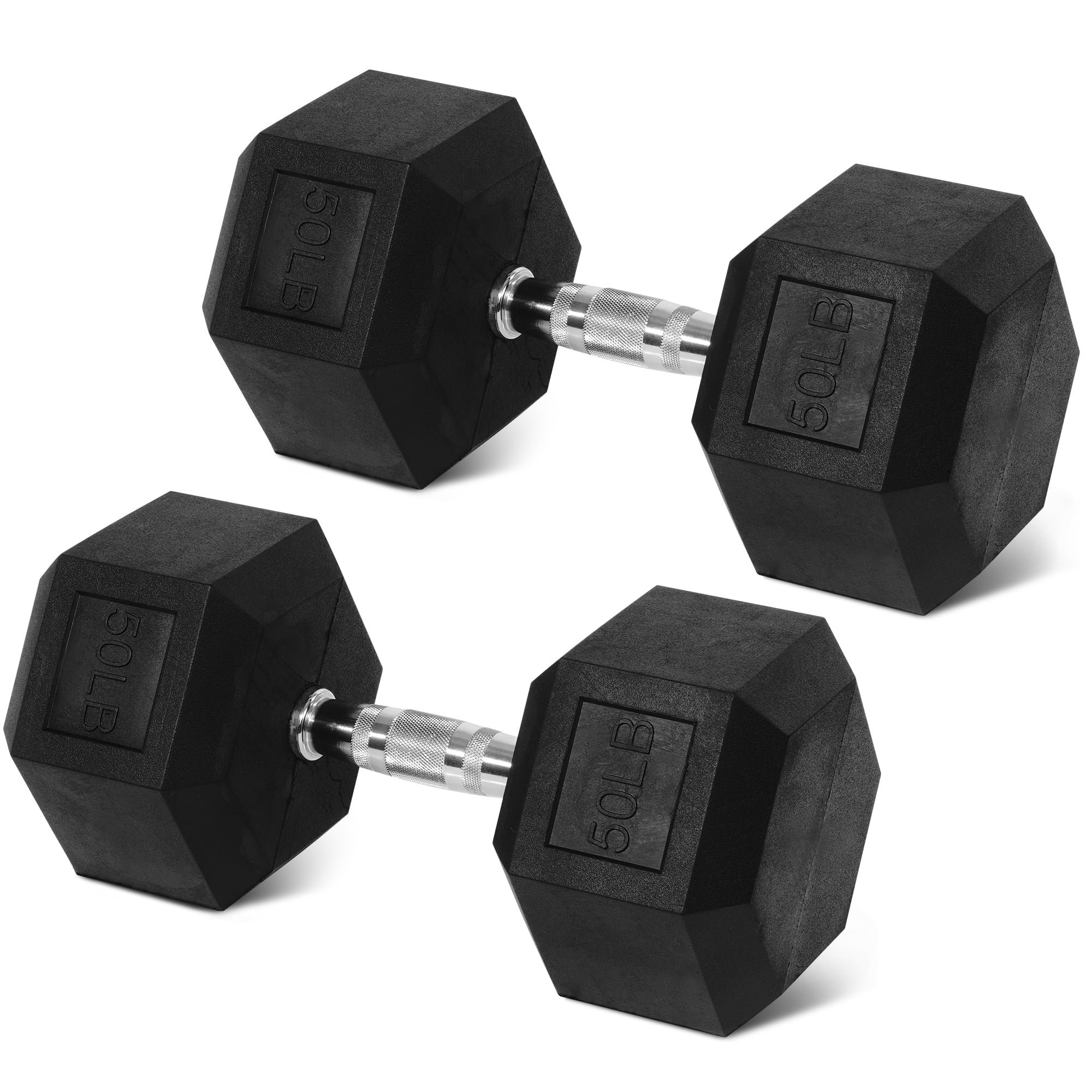 FlexWave Rubber Encased Hex Dumbbells, 50 lbs Pair, Black