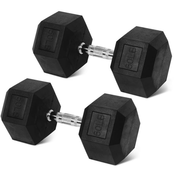 FlexWave Rubber Encased Hex Dumbbells, 50 lbs Pair, Black