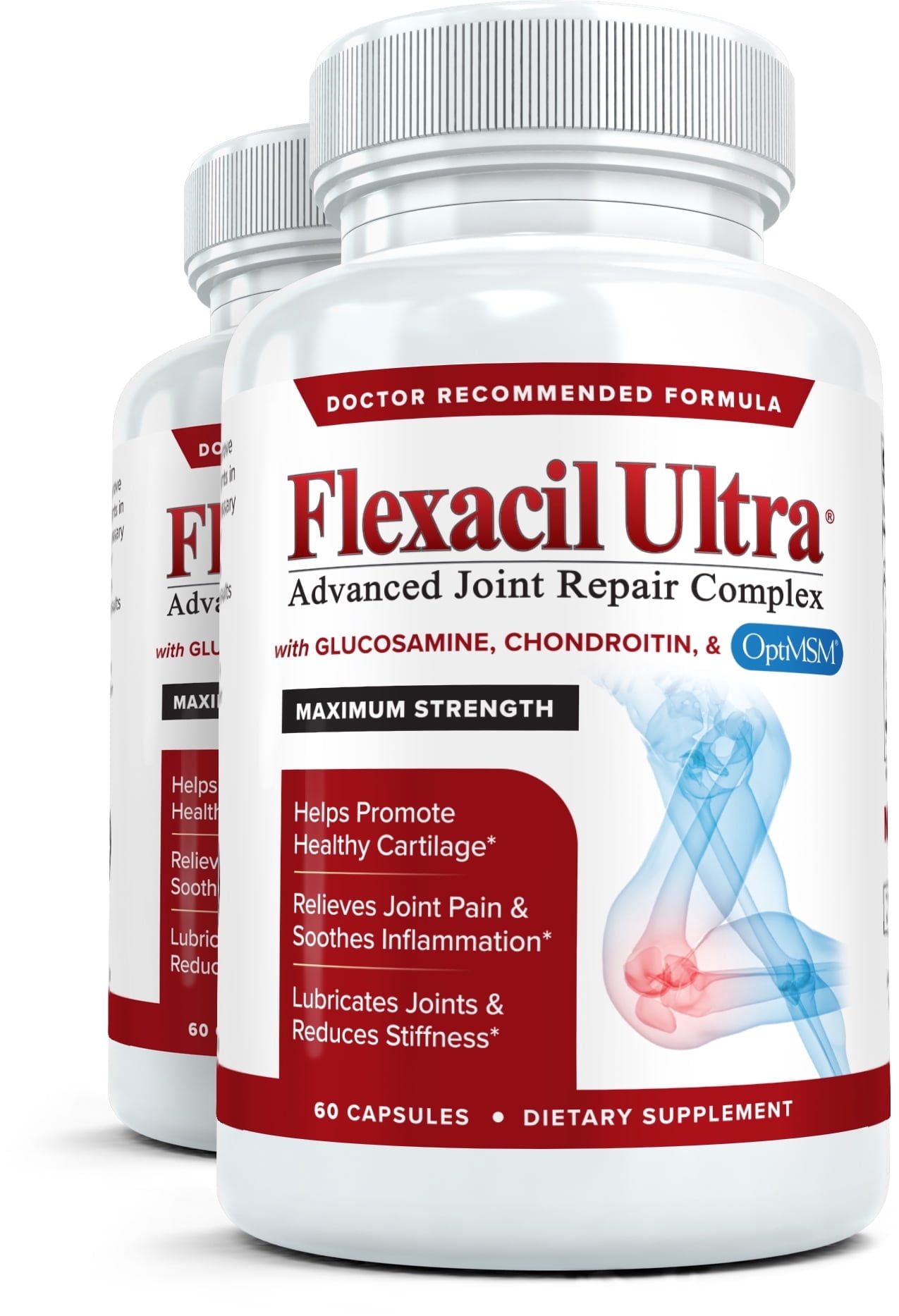 Flexacil Ultra (2 Bottles) Joint Support Supplement with Glucosamine, Chondroitin & MSM, 120 caps