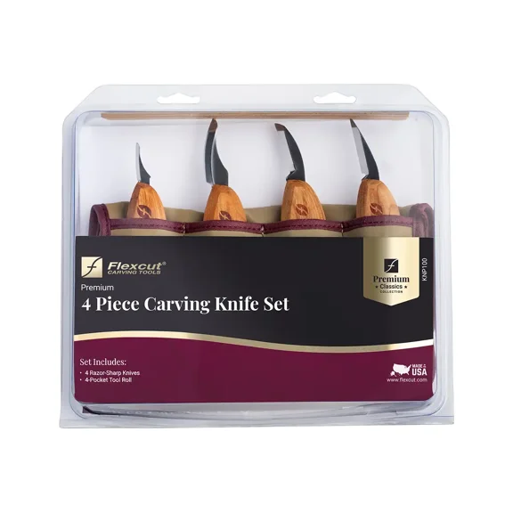 Flexcut - KNP100 - Premium Classics 4 Piece Carving Knife Set - Wood Carving Tool Set with Tool Roll