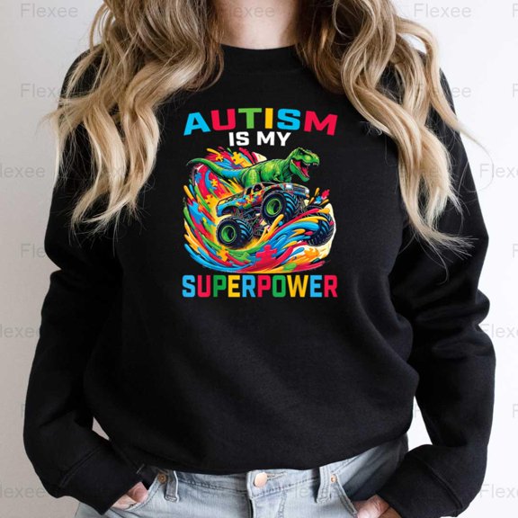 Flexee08 Autism Is My Superpower Dino T-Rex Monster Truck, Kids Boys Advocate Design Sweatshirt, for Unisex, up to size 5XL.