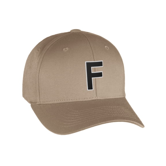 Flexfit Baseball Hat Custom Letter Initials A to Z Curved Bill, Khaki Cap Wh Blk