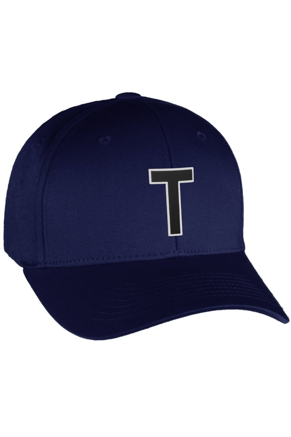 Flexfit Baseball Hat Custom Letter Initials A to Z Curved Bill, Navy Cap Wh Bk